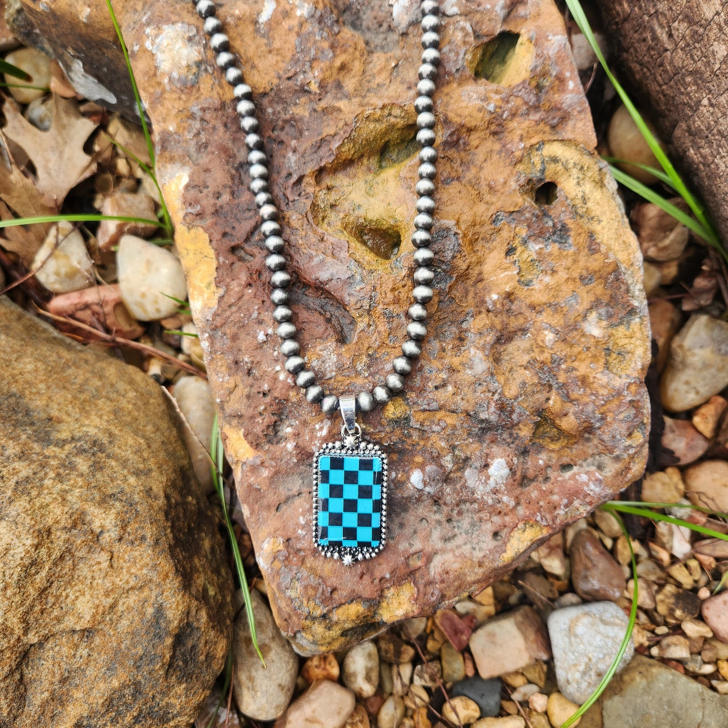 Navajo Beaded Necklace Turquoise Checker
