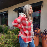 Mixed Red Plaid Long Sleeve Hooded Flannel Top