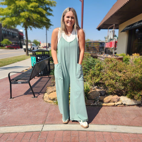 Wide Leg Mineral Wash Jumpsuit Dusty Blue