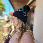 Aztec Pom Pom Beanie Hat Black