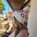 Aztec Pom Pom Beanie Hat Beige