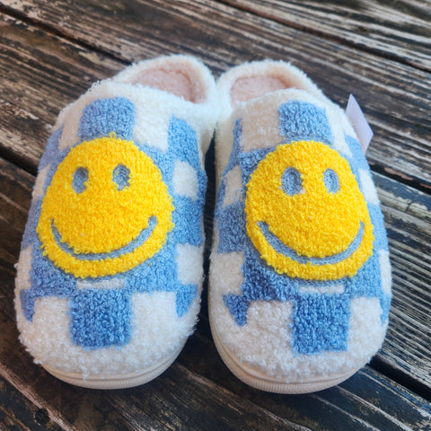 Checkered Happy Face Slippers Blue