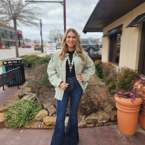 Green Washed Studed Western Denim Jacket