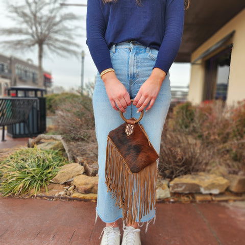 Trinity Ranch Genuine Hair-On Cowhide Ring Handle Wristlet Clutch Bag - Light Brown