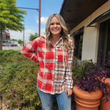 Mixed Red Plaid Long Sleeve Hooded Flannel Top