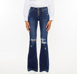 Kancan Midrise Distressed Button Front Flare Jean