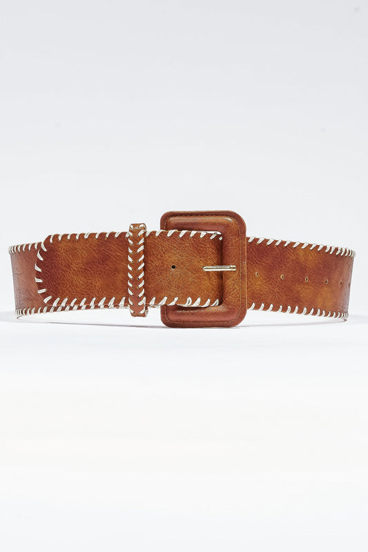 Hudson Wide Stitched Belt Cognac