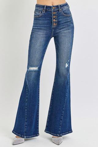 Risen TUMMY CONTROL HIGH RISE FLARE BUTTON DOWN JEANS