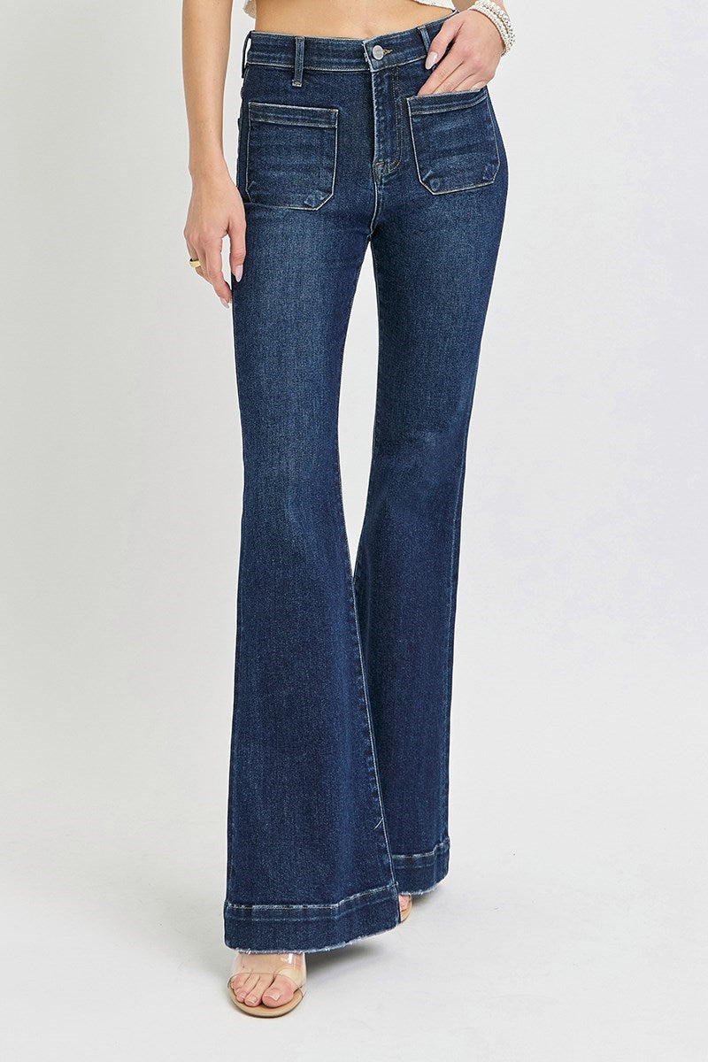Risen  HIGH RISE FLARE FRONT PATCH POCKET JEANS