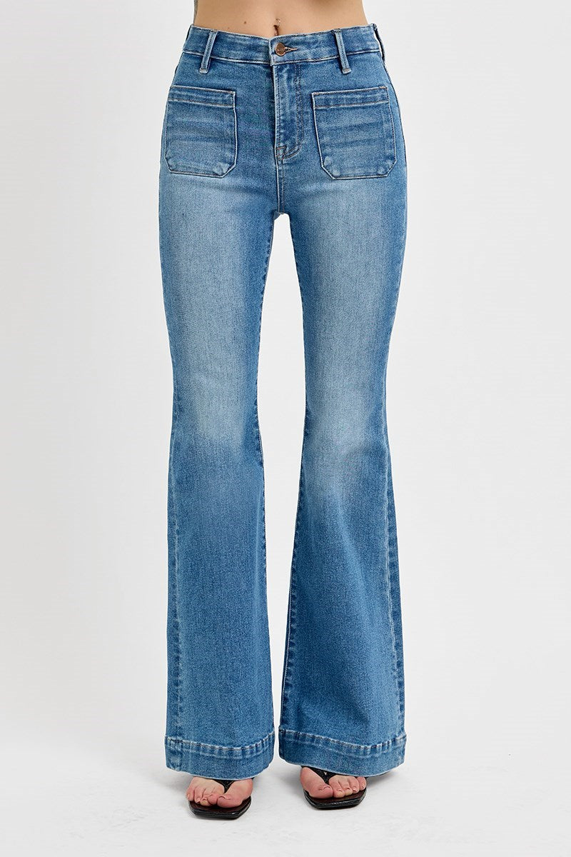 Risen  HIGH RISE FLARE FRONT PATCH POCKET JEANS LIGHT WASH