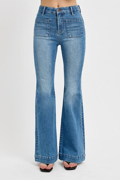 Risen  HIGH RISE FLARE FRONT PATCH POCKET JEANS LIGHT WASH