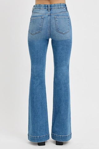 Risen  HIGH RISE FLARE FRONT PATCH POCKET JEANS LIGHT WASH