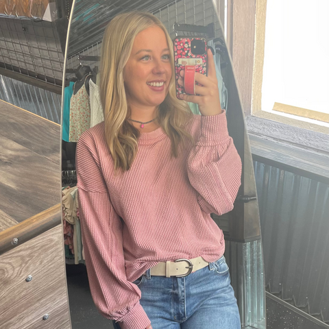 Ribbed Crew Neck Balloon Sleeve Top