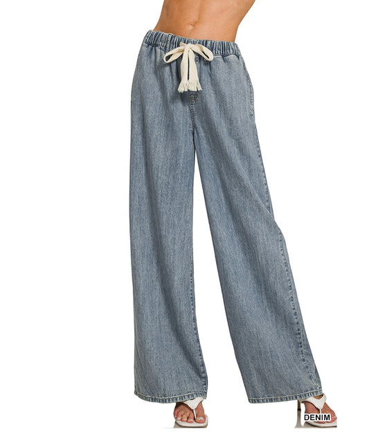 Wide Leg Drawstring Denim Pants
