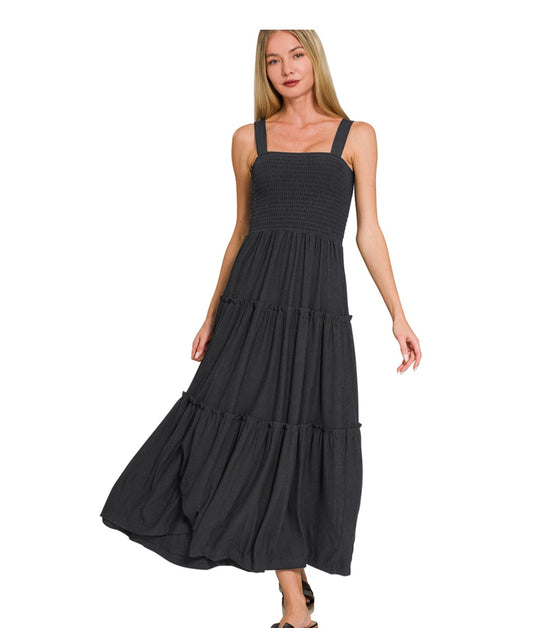 Black Smocked Tiered Midi Dress