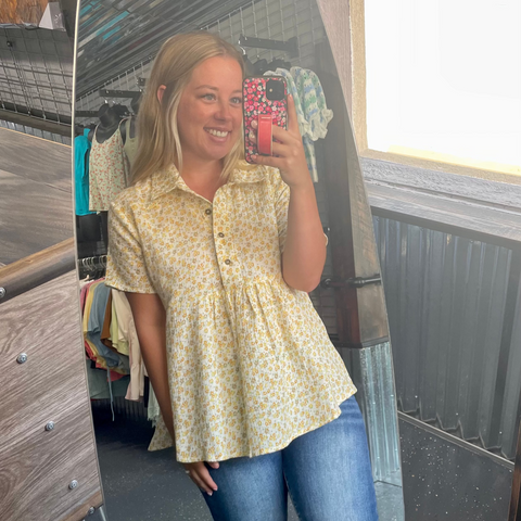 Yellow Flower Babydoll Short Sleeve Top
