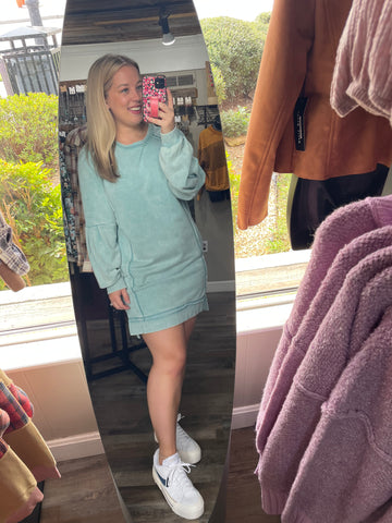 Mineral Washed Raglan Sleeve Casual Mini Dress Sage