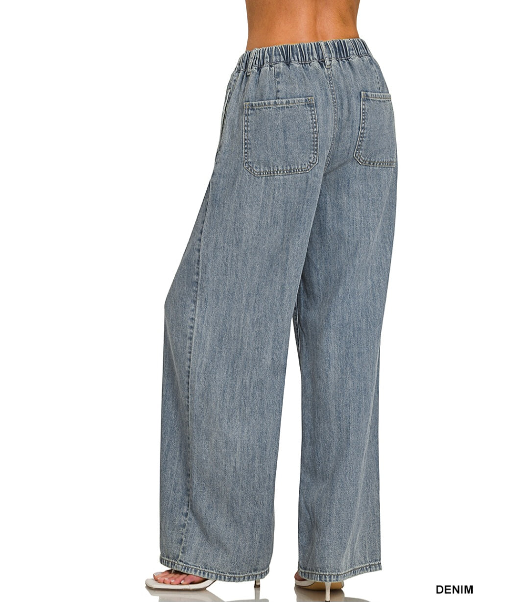 Wide Leg Drawstring Denim Pants