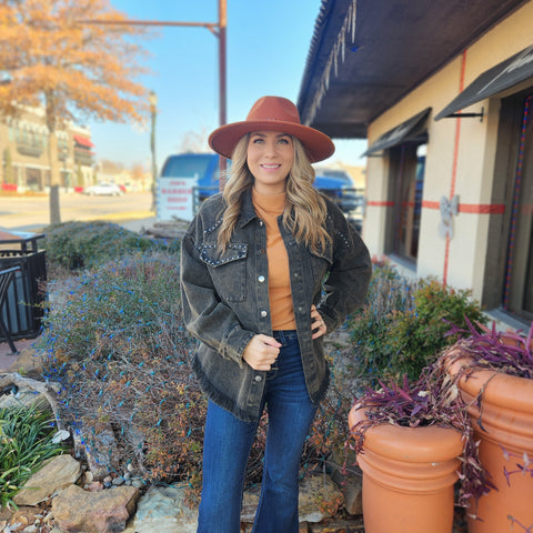 Black Washed Studed Western Denim Jacket