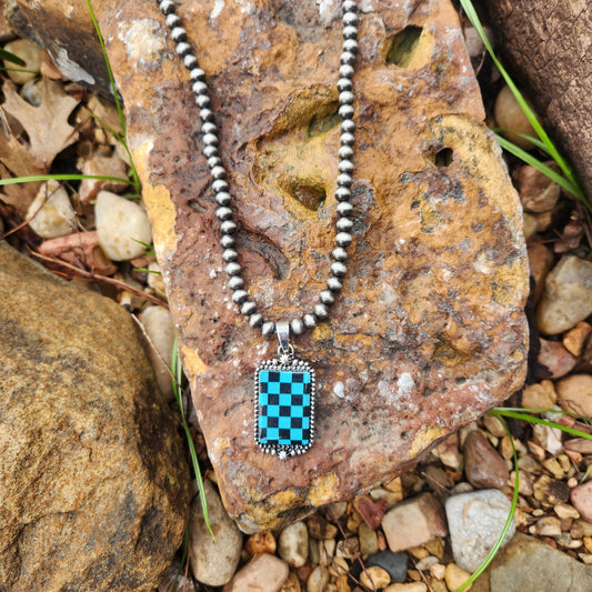 Navajo Beaded Necklace Turquoise Checker