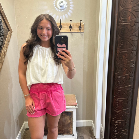 Wide Waist Distressed Denim Short Hot Pink