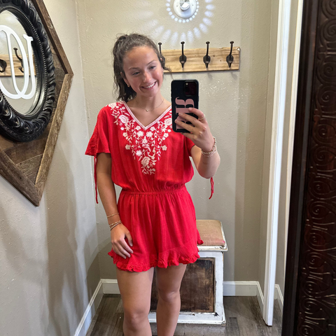 Red Embroidered  Romper