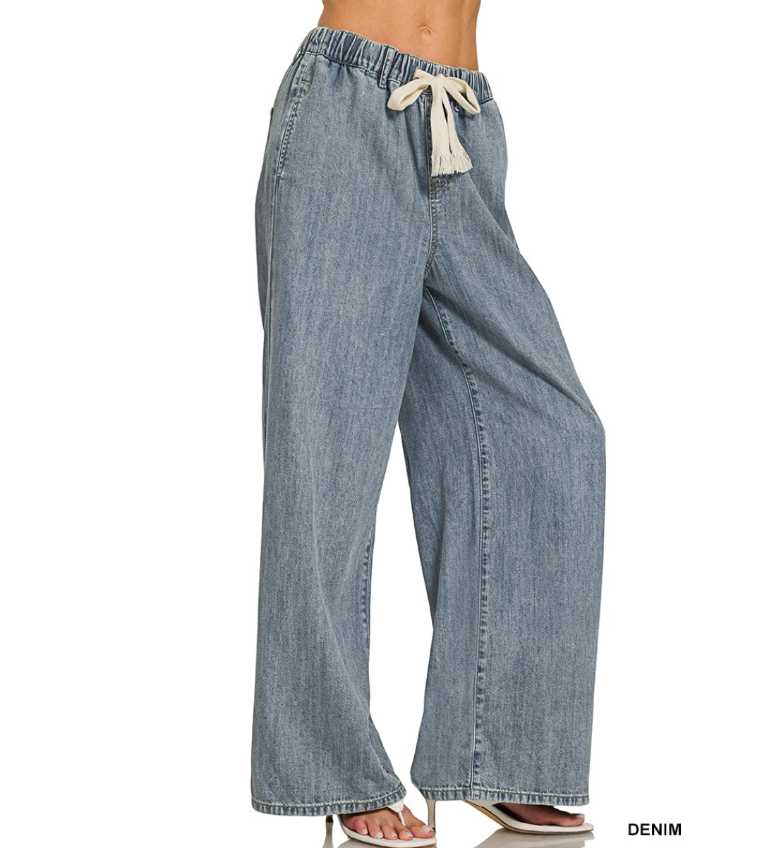 Wide Leg Drawstring Denim Pants