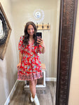 Red Pattern Short Sleeve Dress