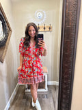 Red Pattern Short Sleeve Dress