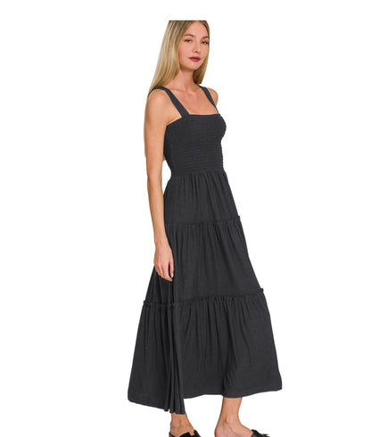 Black Smocked Tiered Midi Dress