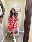 Red Pattern Short Sleeve Dress