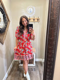 Red Pattern Short Sleeve Dress